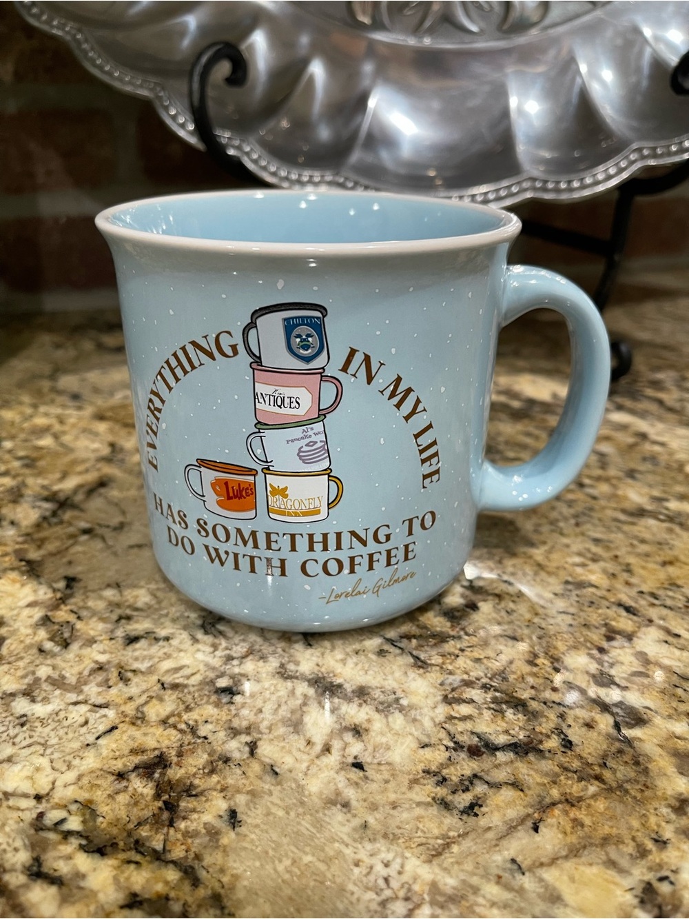 Gilmore Girls Soft blue white speckled “Everything In My Life” double sided mug